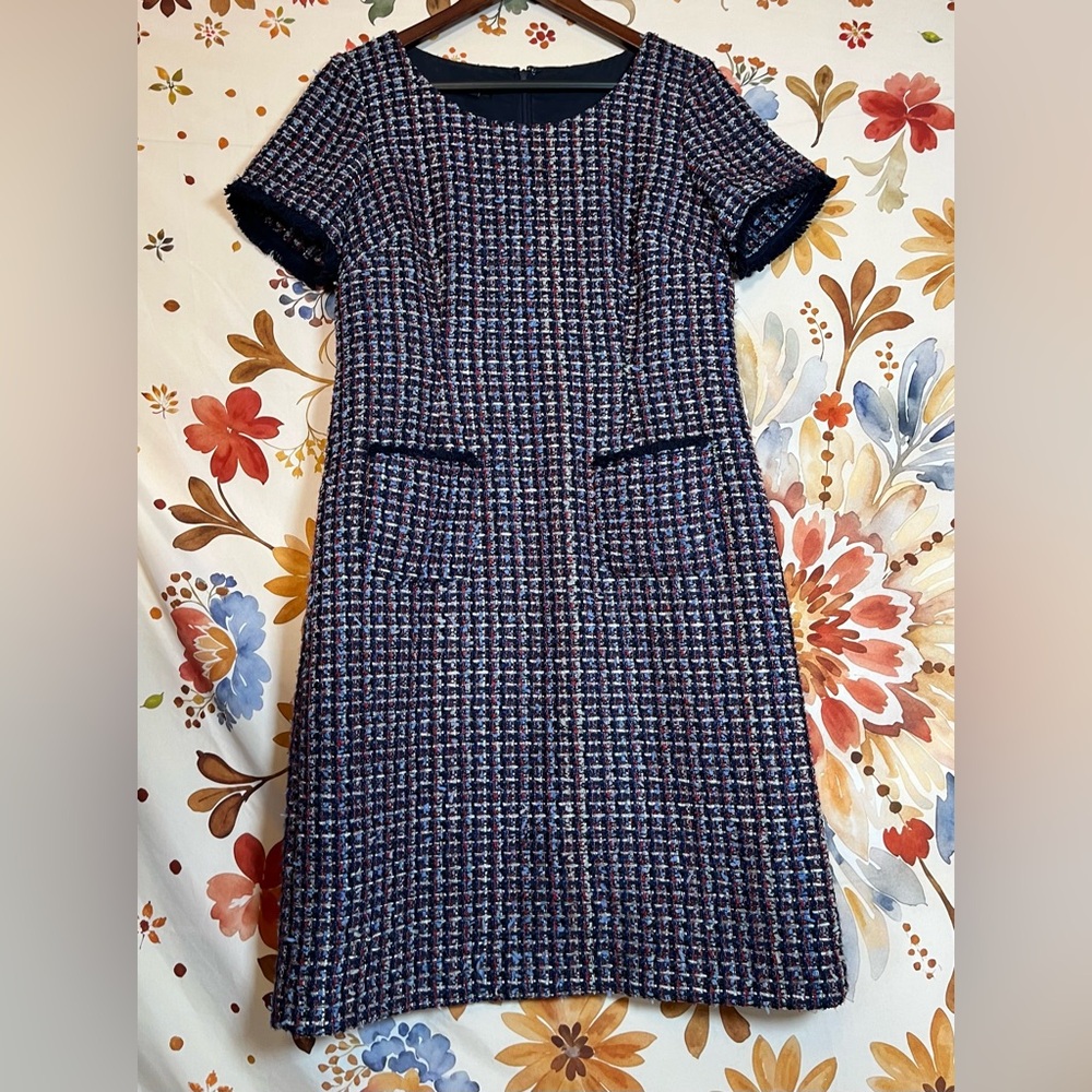 Talbots 6P Blue Red Tweed Sheath Patch Pocket Workwear Dress Preppy TradWife